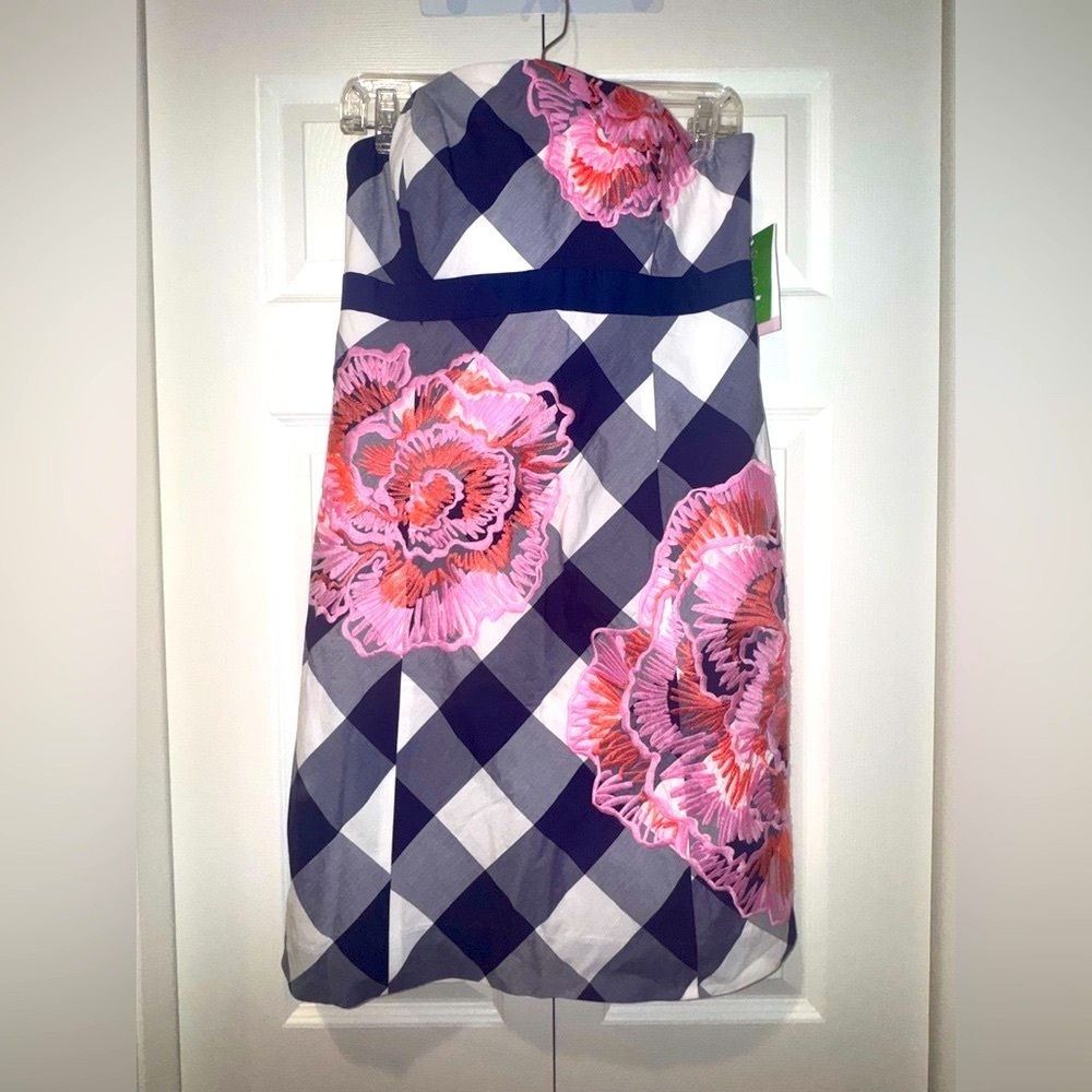 Lilly Pulitzer Strapless Dress in Navy Gingham with Pink Floral Appliqué